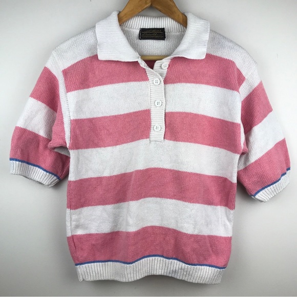 VTG Eddie Bauer Short Sleeve Sweater Made in USA Pink Stripe Half Button - Picture 1 of 14